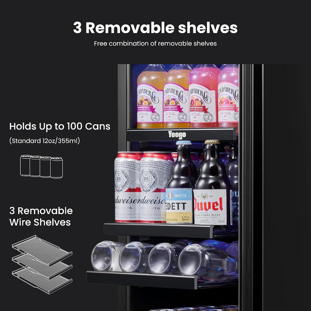 Yeego Beverage Refrigerator Cooler - 15 inch 100 Cans Mini Fridge with Glass Door, 34-54 ℉ Drink Cooler, Built-in or Freestanding for Wine Beer Soda Bar Office Home Dorm