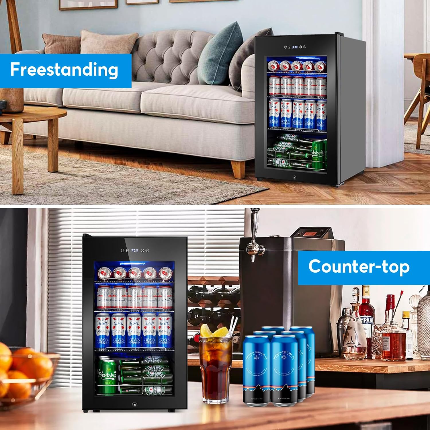 FoMup Beverage Refrigerator 17 inch Wide - 126 Can Beverage Cooler with Glass Door | Counter-Top/Freestanding Mini Beverage Beer Fridge | Temperature Memory | Invisible Door | Perfect for Soda,Beer