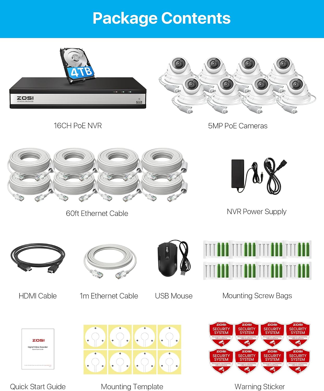 ZOSI 16CH 4K PoE Security Camera System, H.265+ 16 Channel 8MP NVR with 4TB HDD, 8pcs Wired 5MP Outdoor Indoor PoE IP Dome Cameras, Night Vision, Motion Alert, Remote Access, for 24/7 Recording