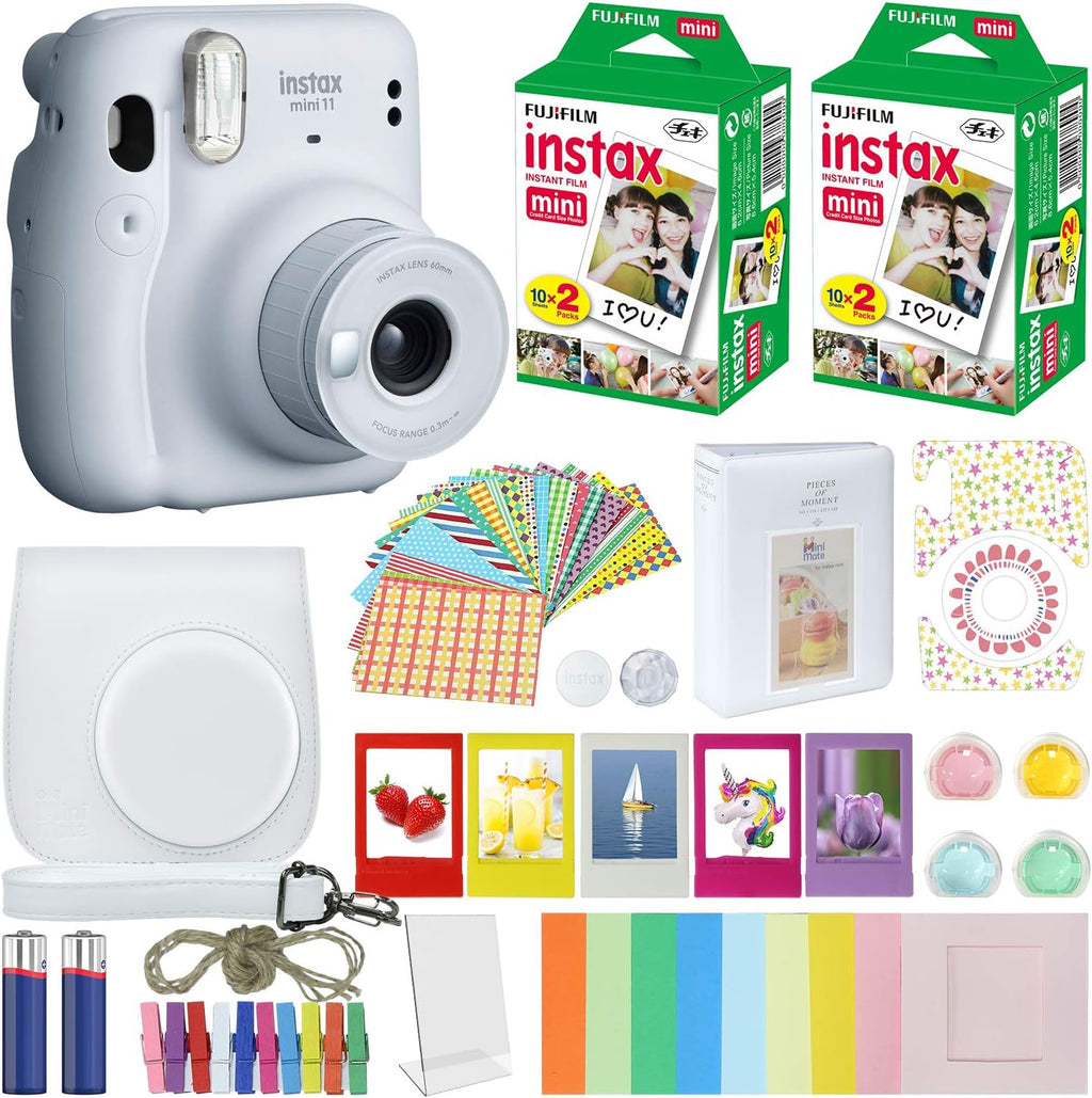 Fujifilm Instax Mini 11 Instant Camera Ice White + MiniMate Accessories Bundle + Fuji Instax Film Value Pack (40 Sheets) Accessories Bundle, Color Filters, Album, Frames