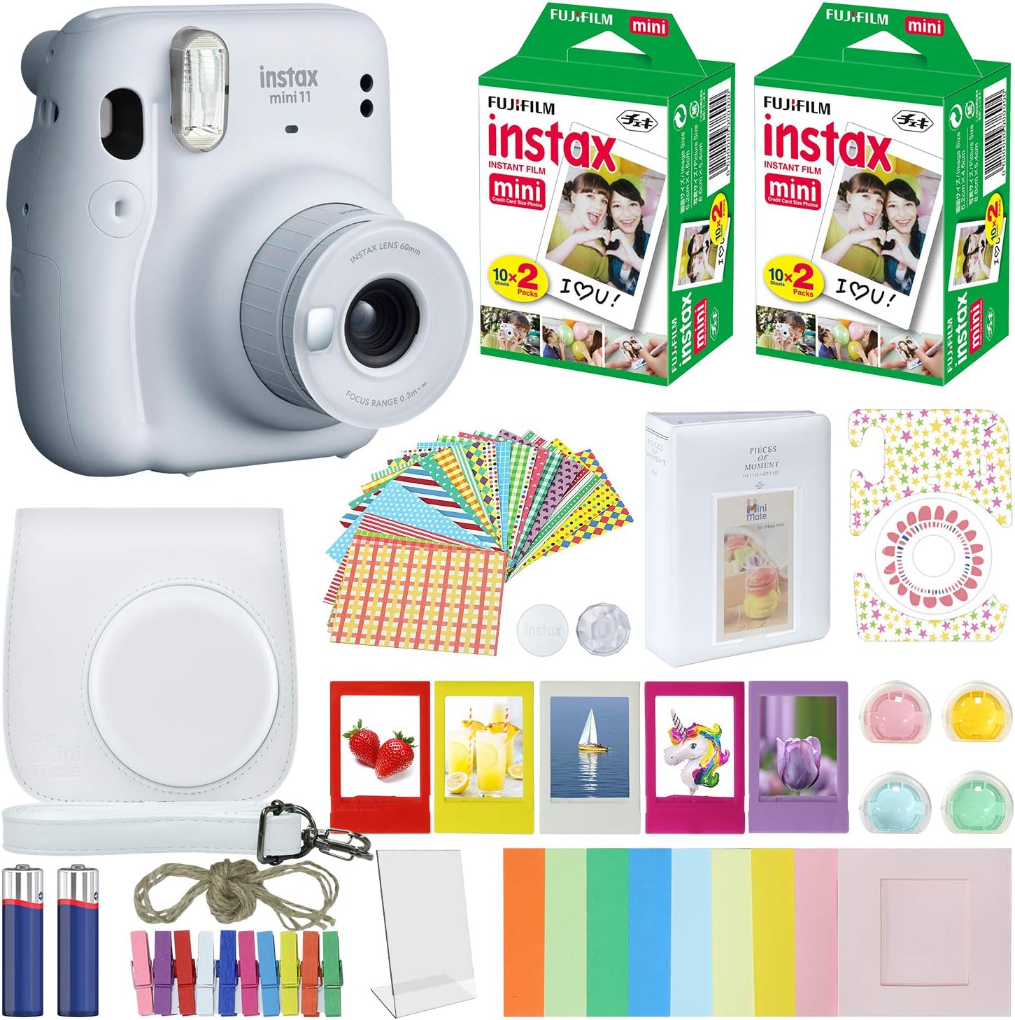 Fujifilm Instax Mini 11 Instant Camera Ice White + MiniMate Accessories Bundle + Fuji Instax Film Value Pack (40 Sheets) Accessories Bundle, Color Filters, Album, Frames