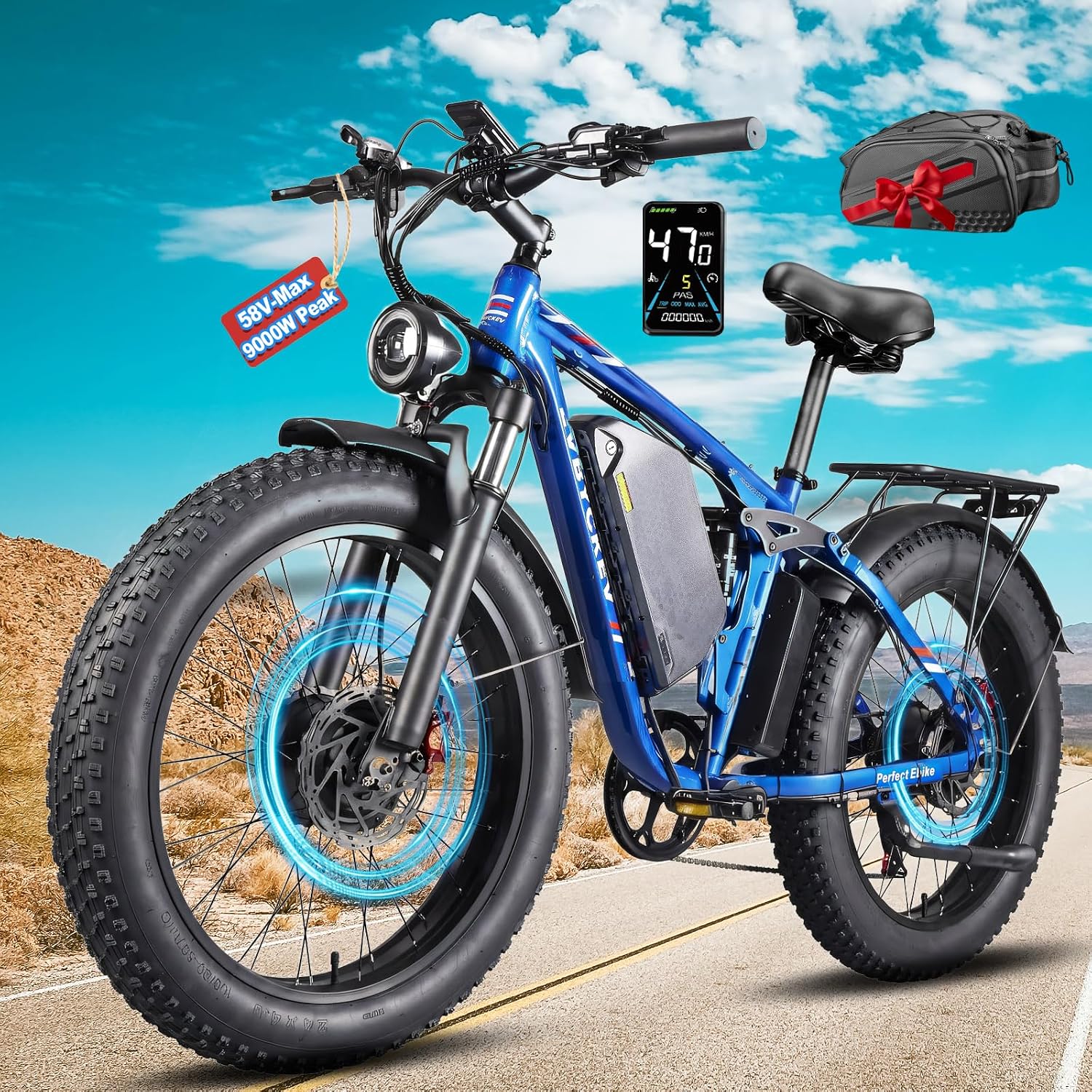 9000W Peak Electric Bike,58V Max-Output Dual Motor Ebike for Adults, 47MPH 1856Wh Fast E Bike,Up to 105Miles 24' x4.0 Fat Tire Full Suspension Mountain E Bicycle for Sand Beach Commuter
