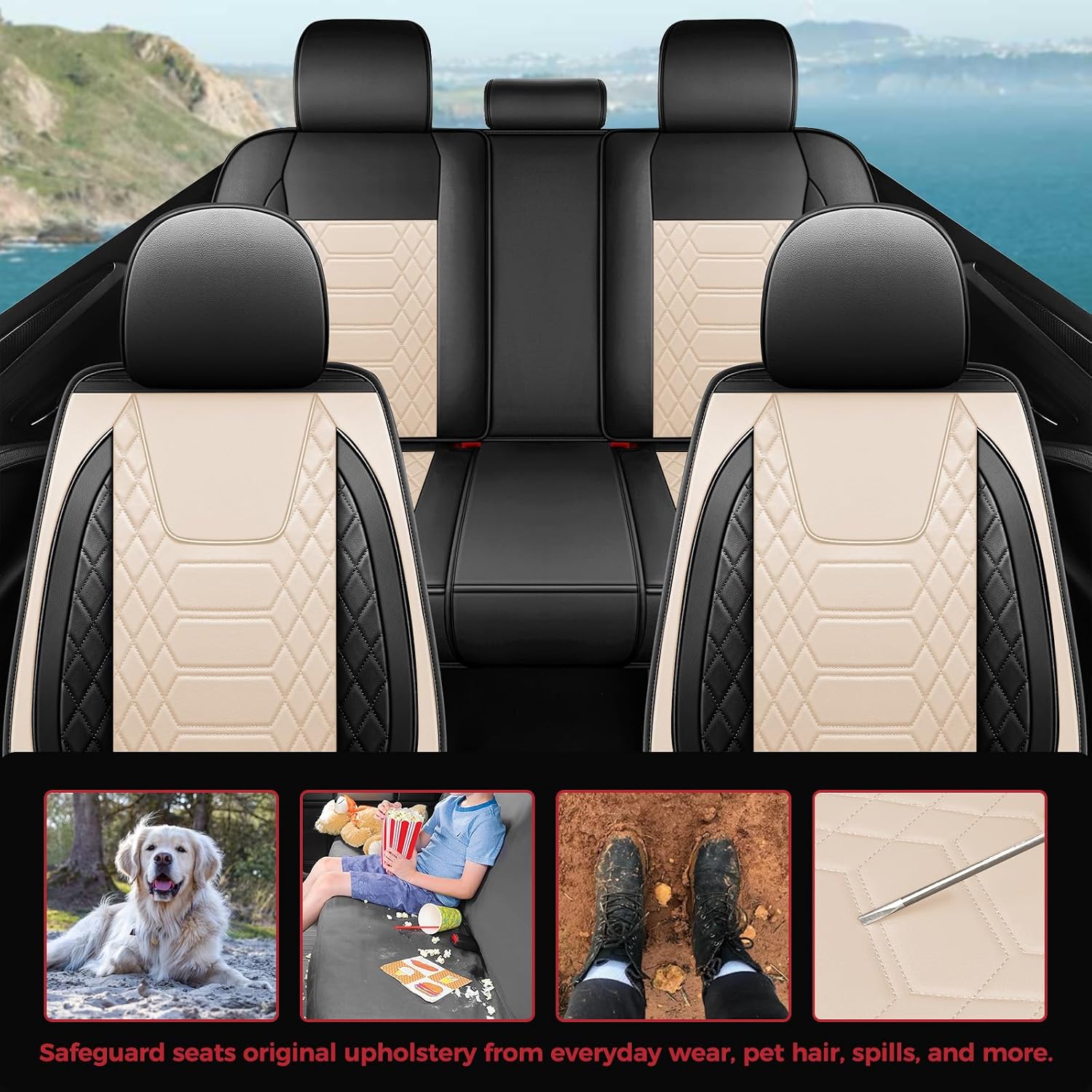 FREESOO Car Seat Covers Leather Seat Cover Full Set Automotive Seat Cover Protector Accessories Airbag Compatible Universal Fit for 5 Seats Black Beige