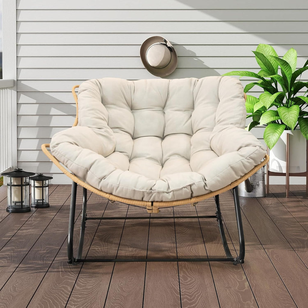SLEERWAY Large Outdoor Indoor Patio Rocking Egg Chair, Oversized Papasan Chair Rocker with Cushion and Frame, Comfy Rattan Wicker Lounge Chair Outdoor Furniture for Porch Patio Garden Backyard, Beige