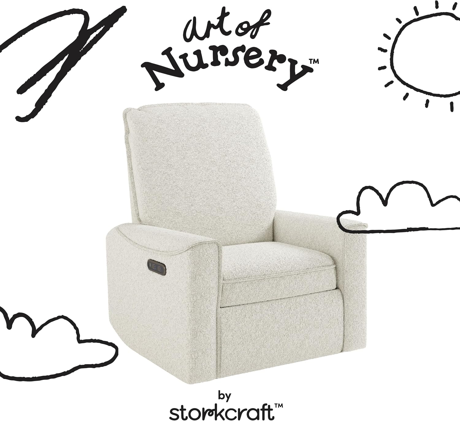 Storkcraft Santos Deluxe Power Recliner Swivel Glider, Premium Electronic Nursery Rocking Chair, Oeko-TEX 100 Certified, Includes Dual-USB Charging Port with USB-A & USB-C – (Ivory Boucle)