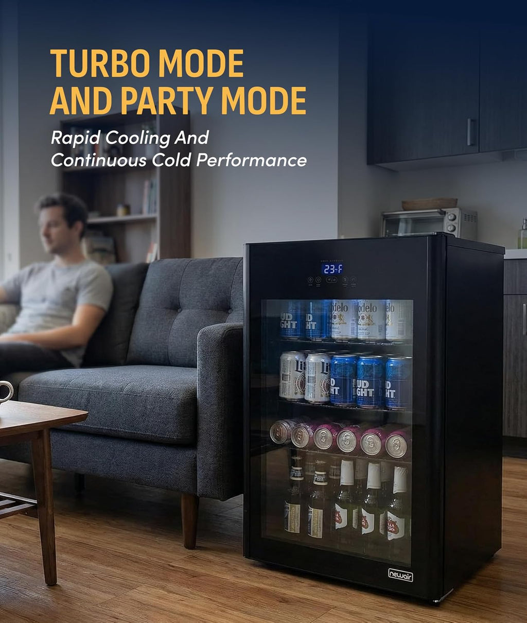 NewAir 125-Can Beer Froster | Ultra-Cold Mini Fridge for Bedroom, Gaming or Office | 23°F Beverage Cooler with Turbo & Party Mode | Black