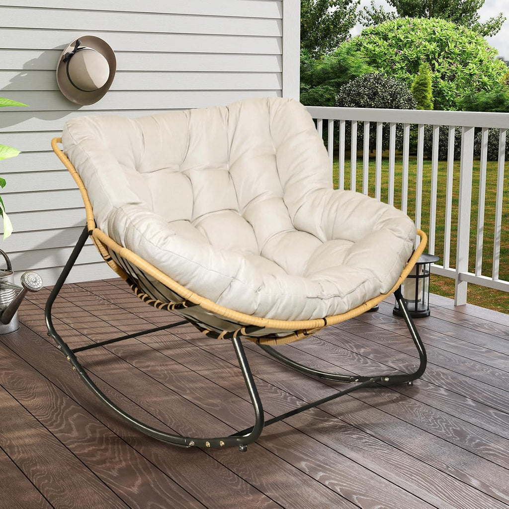 Large Outdoor Indoor Patio Rocking Egg Chair Set of 2, Oversized Papasan Chair Rocker with Cushion and Frame, Comfy Rattan Wicker Lounge Chair Outdoor Furniture for Porch Patio Garden Backyard, Beige