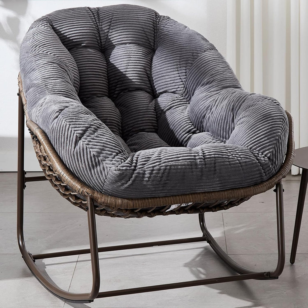 37' Papasan Rocking Chair with Cushion and Steel Frame, Oversized Outdoor Egg Rocking Chair, Rattan Circle Chairs for Grand Patio and Garden (Grey+Corduroy)