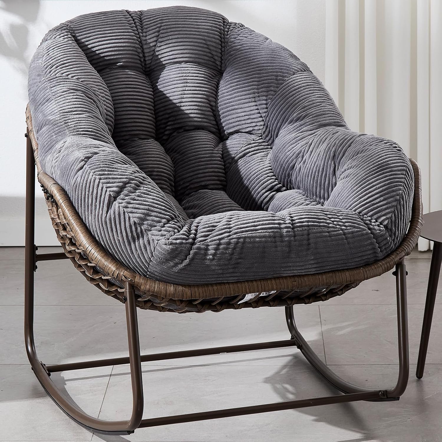 HRVEOCEI Papasan Rocking Chair with Cushion and Frame, Oversized Rocking Chair Indoor/Outdoor, Circle Chairs for Patio Garden Front Porch, Corduroy/Velvet (Grey-1)