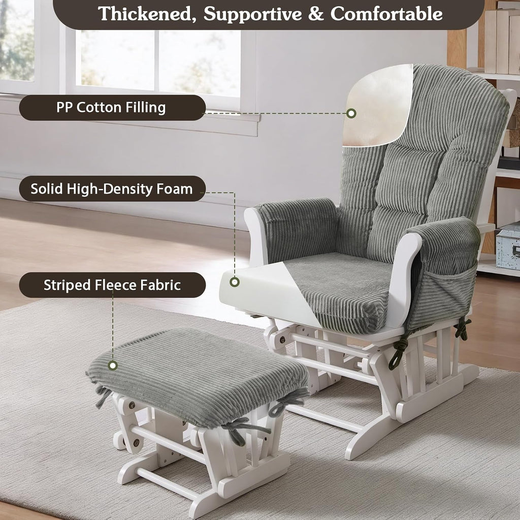 ANMINY 5pcs Glider Rocker Replacement Cushions Set - Thickened Fleece Glider Rocking Chair Cushions with 29.5 inch High Backrest & Side Pockets for Indoor Nursery, Washable & Non Slip, Gray