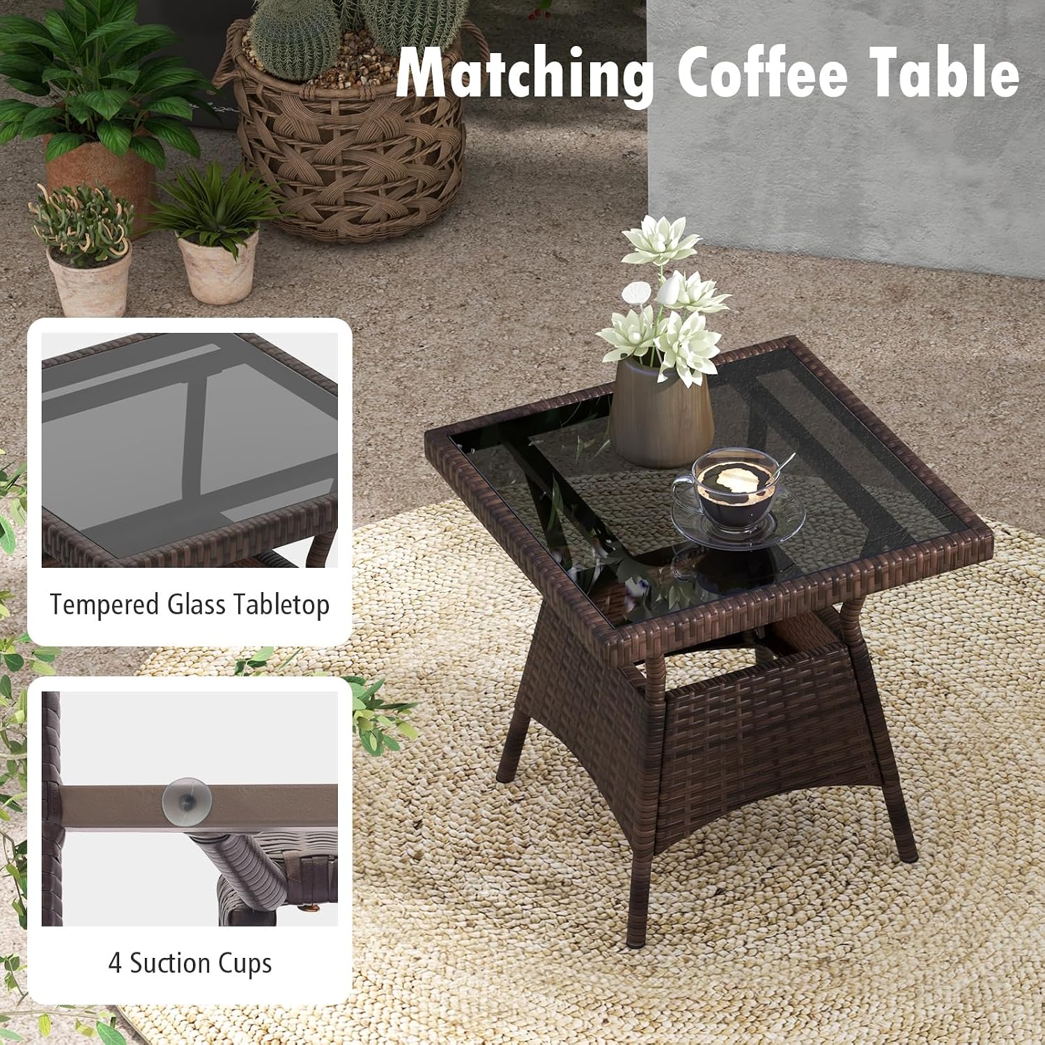 Tangkula 3 Pieces Rocking Bistro Set, Patiojoy Outdoor PE Rattan Rocker Chairs with Removable Cushions & Tempered Glass Top Coffee Table, Outdoor Wicker Furniture Set for Porch, Garden (Black)