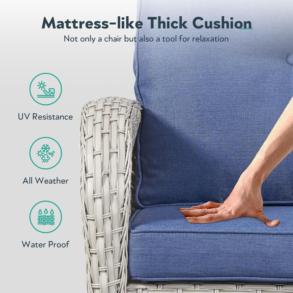 Patio Rocking Chair: Outdoor Wicker Rocker Porch Rocking Chair with Removable Cushion, 300 Lb Weight Capacity Rattan Rocking Seating for Balcony Garden Light Grey/Blue
