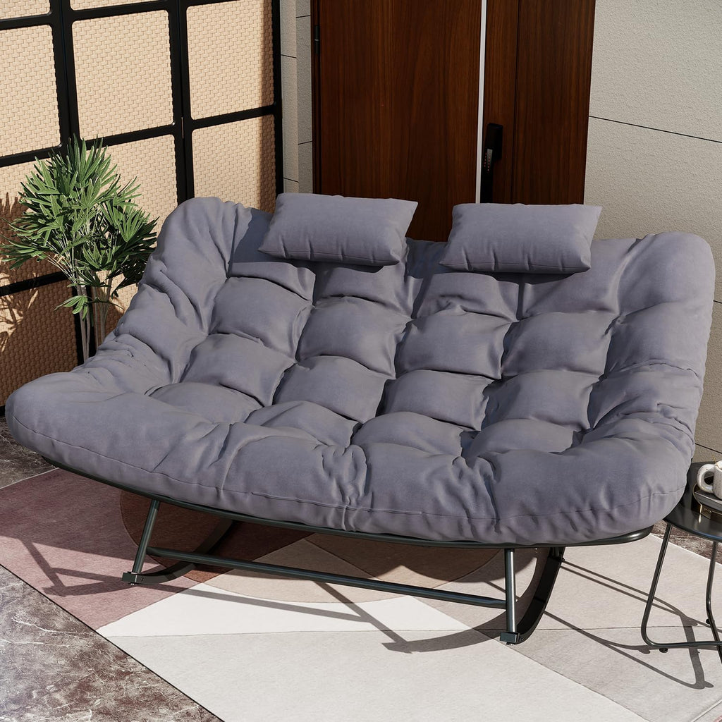 ROCSUMOO Double Outdoor Rocking Papasan Chair, Oversized Rocking Chair for 2-Person, Loveseat Rocker with Soft Cushion & Rattan Frame, Large Lounge for Patio Garden Balcony (Gray)