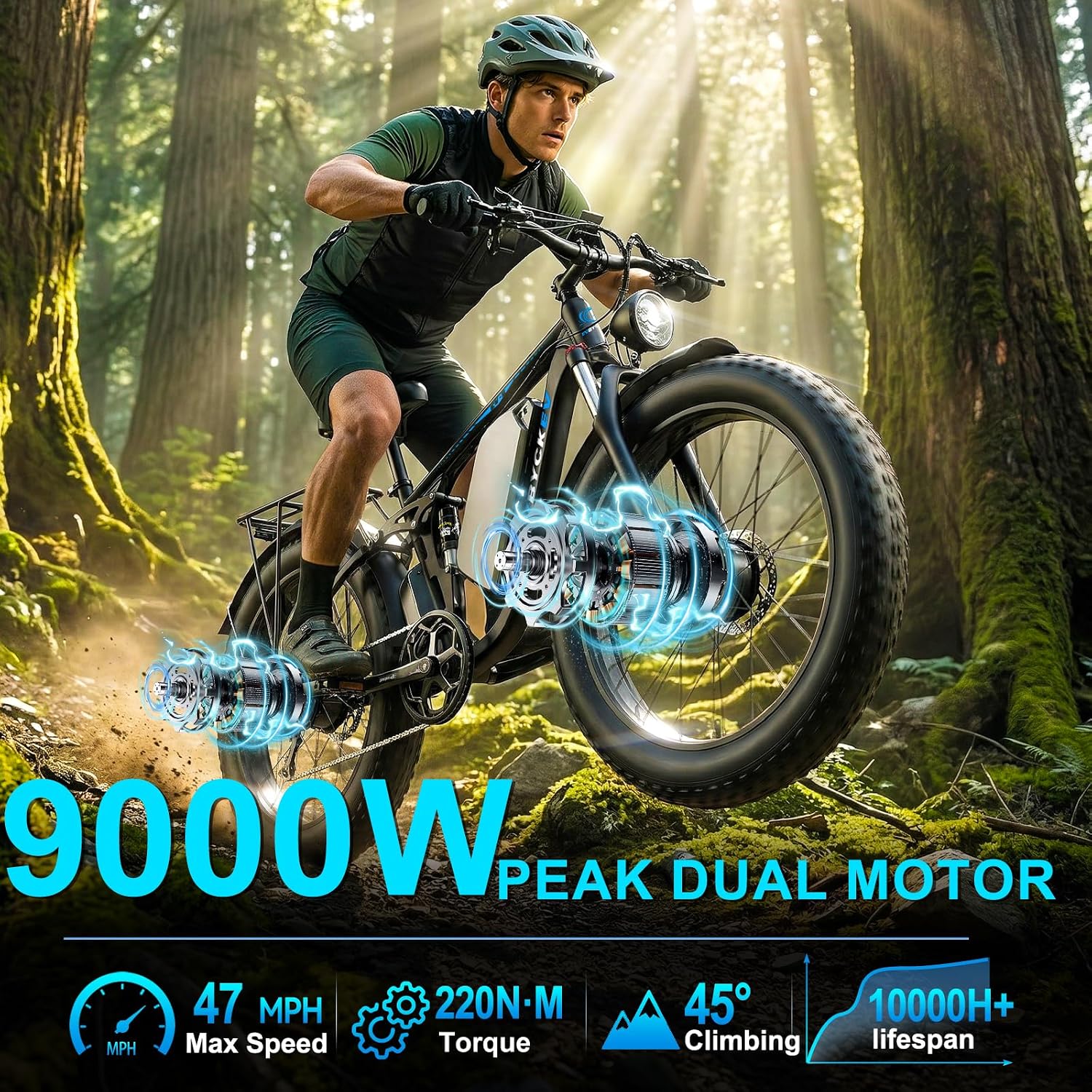 9000W Peak Electric Bike for Adults,58V Max-Output 1972Wh Dual Motor Ebike,47MPH 105Miles Range,24' x4.0 Fat Tire Hydraulic Disc Brake Full Suspension E-Bike for Mountain Snow Commuter