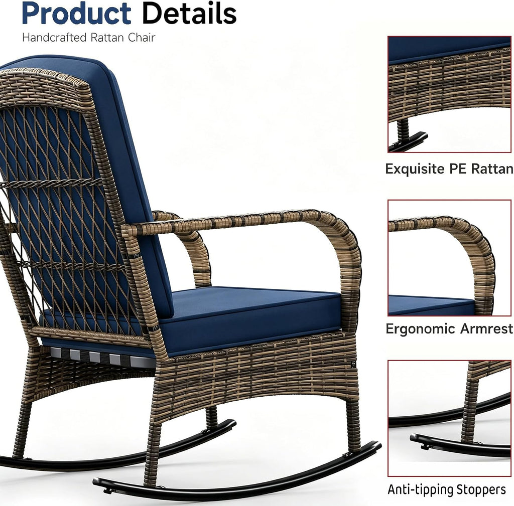 DECMICO 3 Pieces Rocking Bistro Set, Wicker Outdoor Rocking Chair with Washable Cushions, Rattan Rocking Chairs with Rattan Table, Outdoor Wicker Chair for Patio Backyard Porch Garden