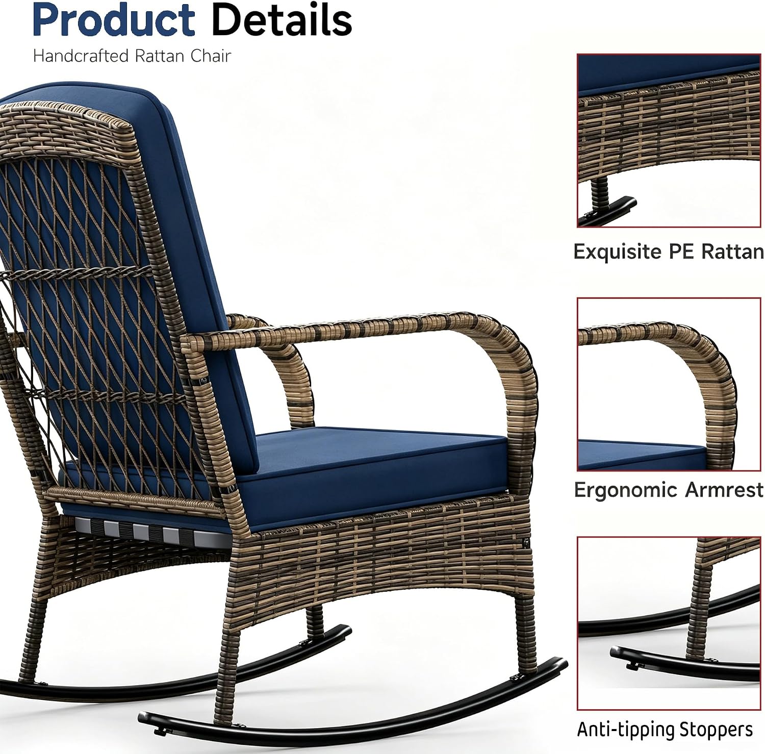 DECMICO 3 Pieces Rocking Bistro Set, Wicker Outdoor Rocking Chair with Washable Cushions, Rattan Rocking Chairs with Rattan Table, Outdoor Wicker Chair for Patio Backyard Porch Garden