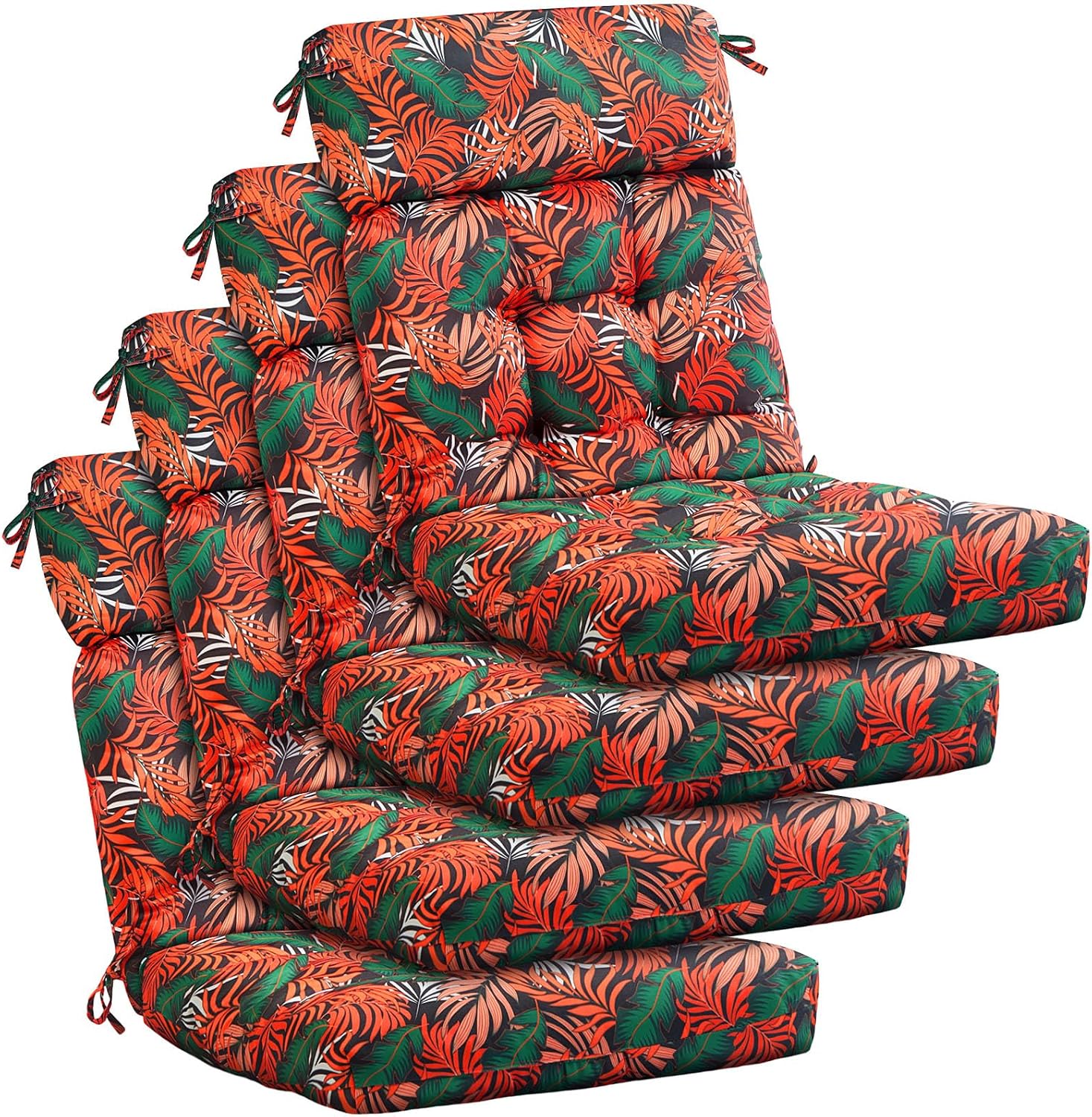 Barydat 4 Pcs Tufted High Back Chair Cushion Indoor Outdoor Seat and Back Cushions Palm Leaves Tropical Plants Lawn Rocking Chair Pads with Ties for Adirondack Patio Garden(Orange Green)