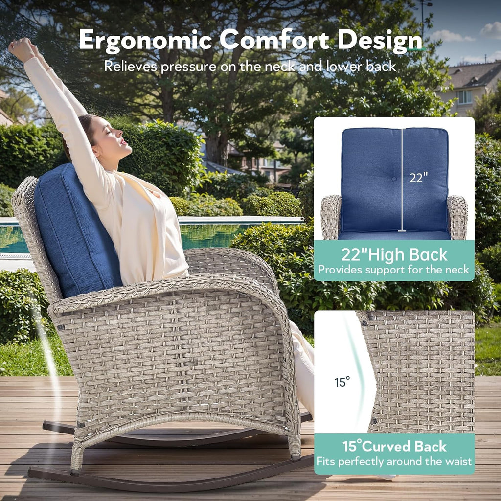 Patio Rocking Chair: Outdoor Wicker Rocker Porch Rocking Chair with Removable Cushion, 300 Lb Weight Capacity Rattan Rocking Seating for Balcony Garden Light Grey/Blue