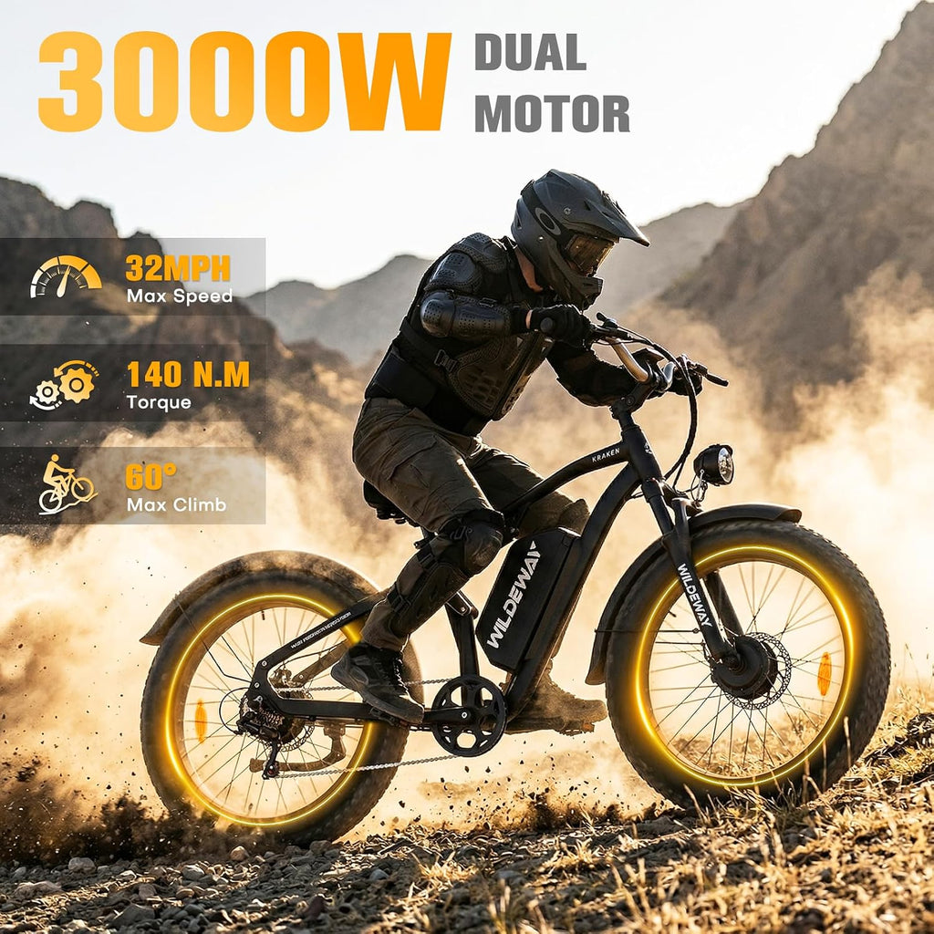 3000W Dual Motor Electric Bike for Adults, 26' Fat Tire Ebike, 32MPH, 52V 25Ah Battery, 80 Miles Range, Full Suspension All Terrain Off Road Electric Bicycle, Hydraulic Brakes, Snow Sand Mountain