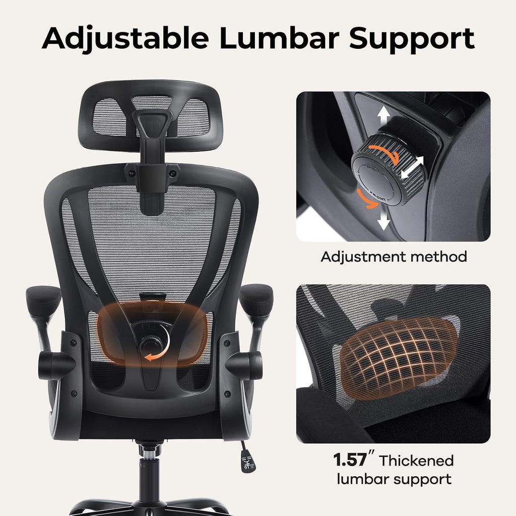 Office Chair Ergonomic Office Chair with Lumbar Support, Head Support, Rocking Function, FILP-up Armrests, Mesh High Back Chair Home Office Desk Chair, Suitable for Home, Office, Black