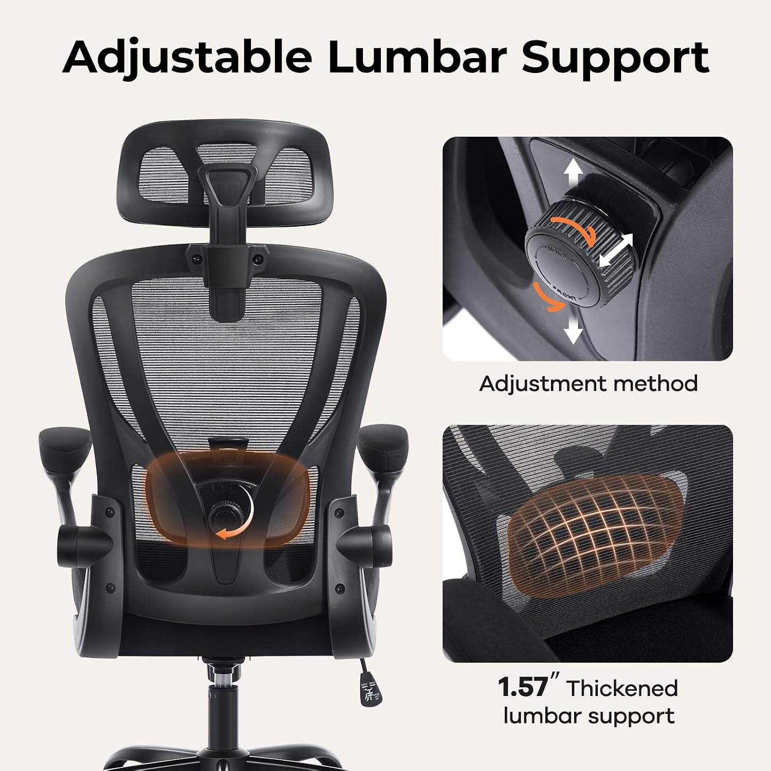 Office Chair Ergonomic Office Chair with Lumbar Support, Head Support, Rocking Function, FILP-up Armrests, Mesh High Back Chair Home Office Desk Chair, Suitable for Home, Office, Black