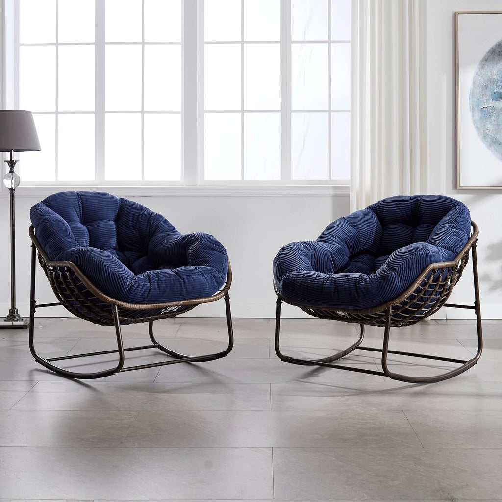 Rattan Rocking Chair for Indoor Outdoor Patio Oversized Wicker Egg Chair with Steel Frame Corduroy Padded Cushion Rocker Recliner Chair Comfy Lounger Papasan Chair for Living Room Garden, Navy Blue