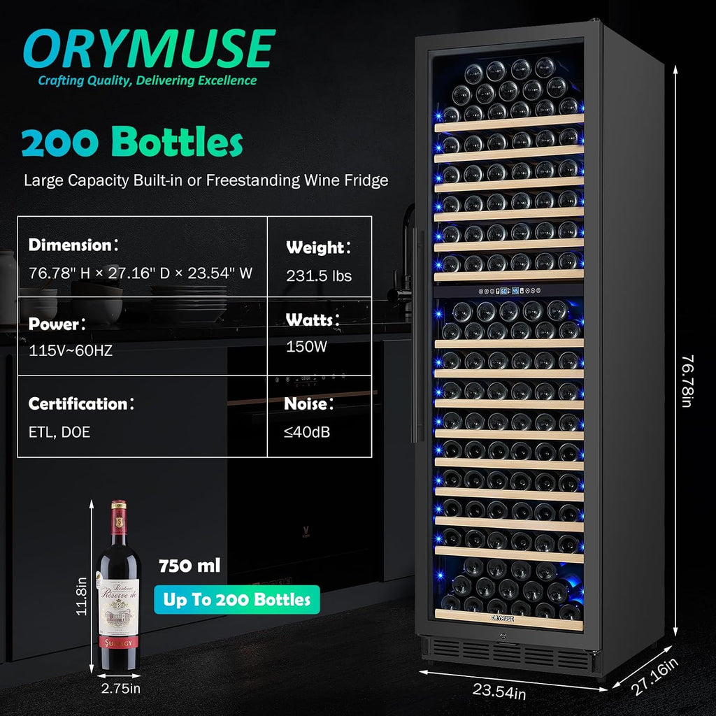 200 Bottle Dual Zone Wine Fridge – 24 Inch Large Capacity Wine Cooler Refrigerator Freestanding/Built-In with Upgraded Compressor, Low-Noise Wine Cellar & Intelligent Temperature Control - Black