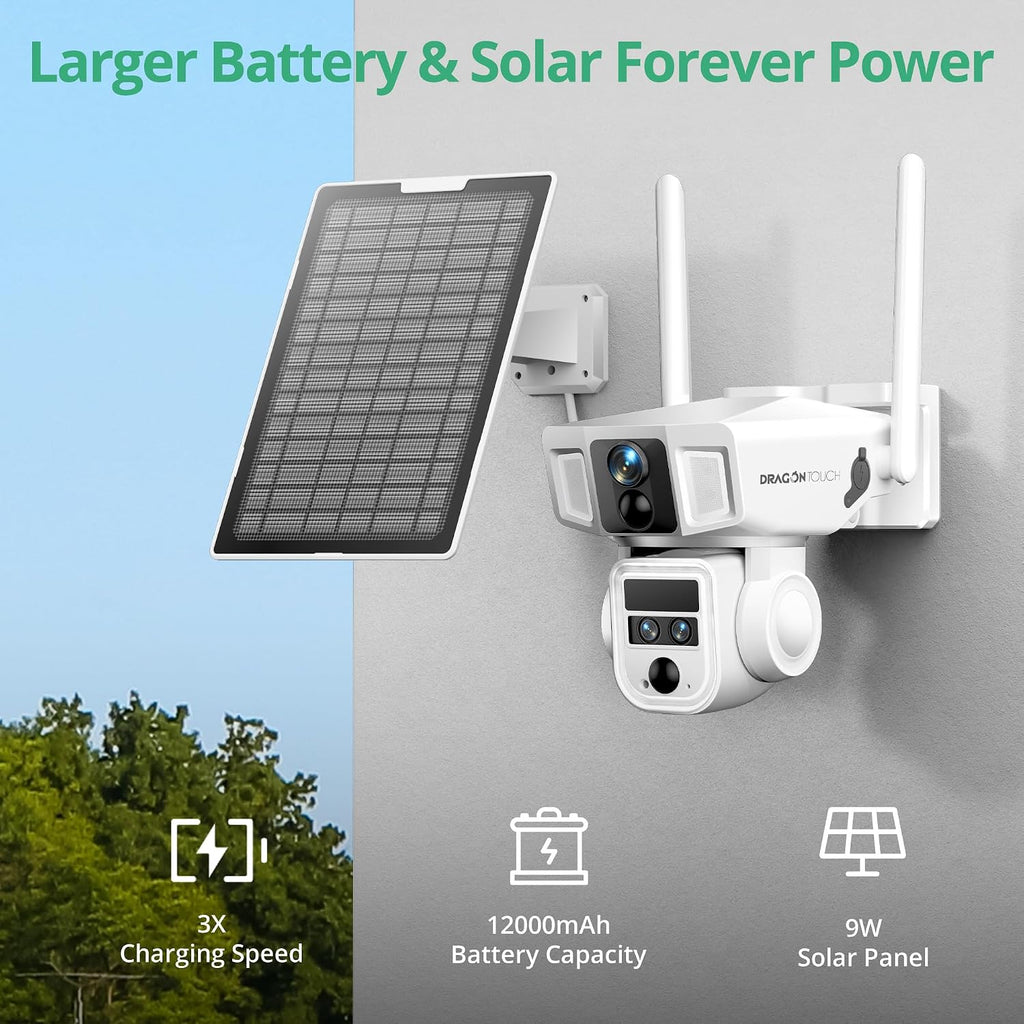 Dragon Touch 4G Cellular Security Camera 4K, Wireless Solar Outdoor Camera Triple Lens Bullet-PTZ Cam, 4G or WiFi, 10x Optical Zoom, 360° View, AI Tracking, with SIM Card, Local Storage