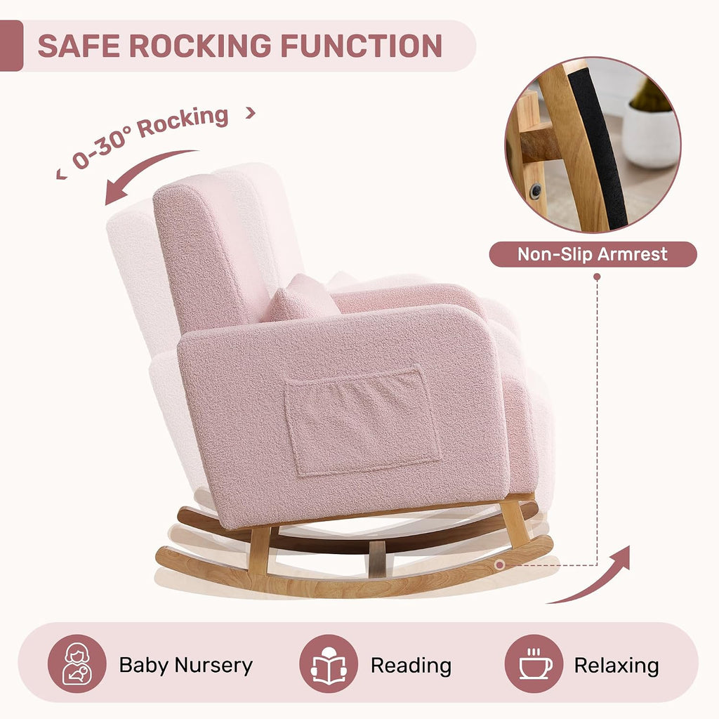 HCHAIRH Rocking Chair with Ottoman, Upholstered Glider Rocker Armchair with High Backrest and Side Pocket, Comfy Reading Chair with Solid Wood Legs for Nursery, Living Room,Bedroom, Pink
