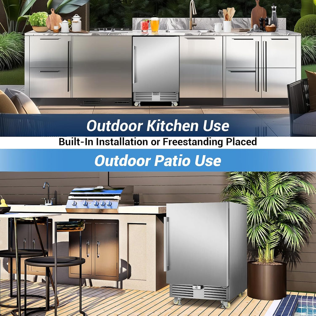 Outdoor Beverage Refrigerator 24 Inch Wide, Stainless Steel Beverage Fridge 180 Cans for Undercounter Built-in or Freestanding, for Home and Patio, Water Proof, Fast Cooling, Low Noise, 37-65 °F