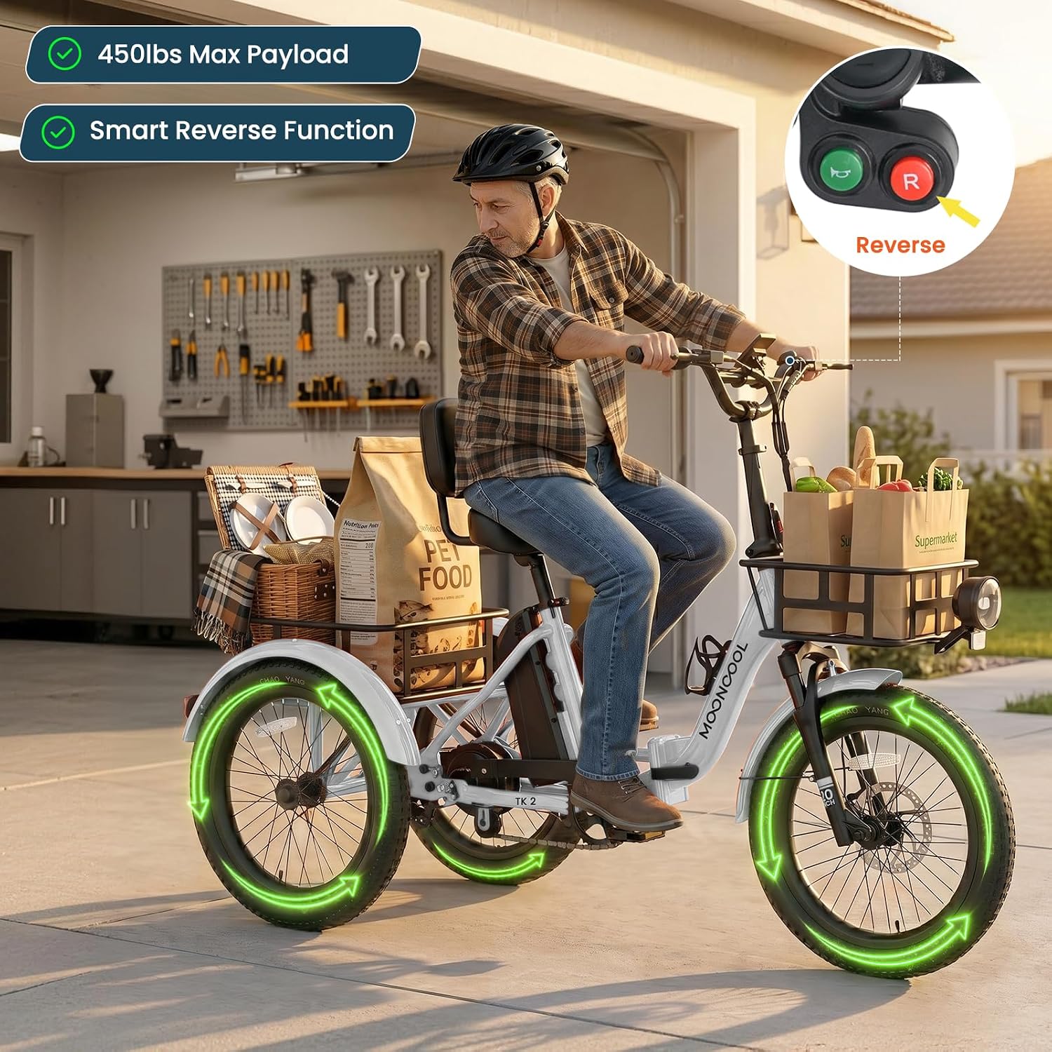 MOONCOOL Foldable Electric Tricycle for Adults, 20' Aluminum Etrike Fat Tire, Rated 500W 48V 15Ah Rear Differential, Front Suspension, 15.5MPH, 450LBS Payload, 95% Pre-Assembled