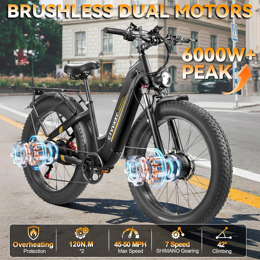 8000W Peak 45-50MPH 52V 26Ah 1352Wh Battery Dual Motor Bike for Adults, 95-105 Miles Long Range with Hydraulic Disc Brake,26'x4.0' Fat Tire Electric Mountain E Bike 7-Speed Gear Lockable Suspension