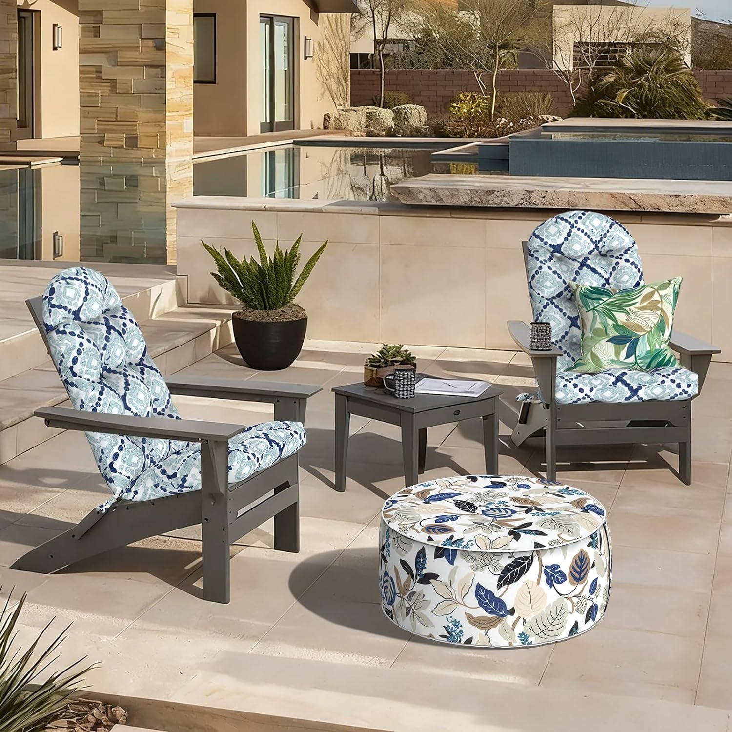 LVTXIII Outdoor Adirondack Chair Cushions, 44x19x4 Inch Non-Slip High Back Rocking Chair Cushion, Tufted Seat Cushion for Patio Furniture, Set of 2, Boho Geometry Blue