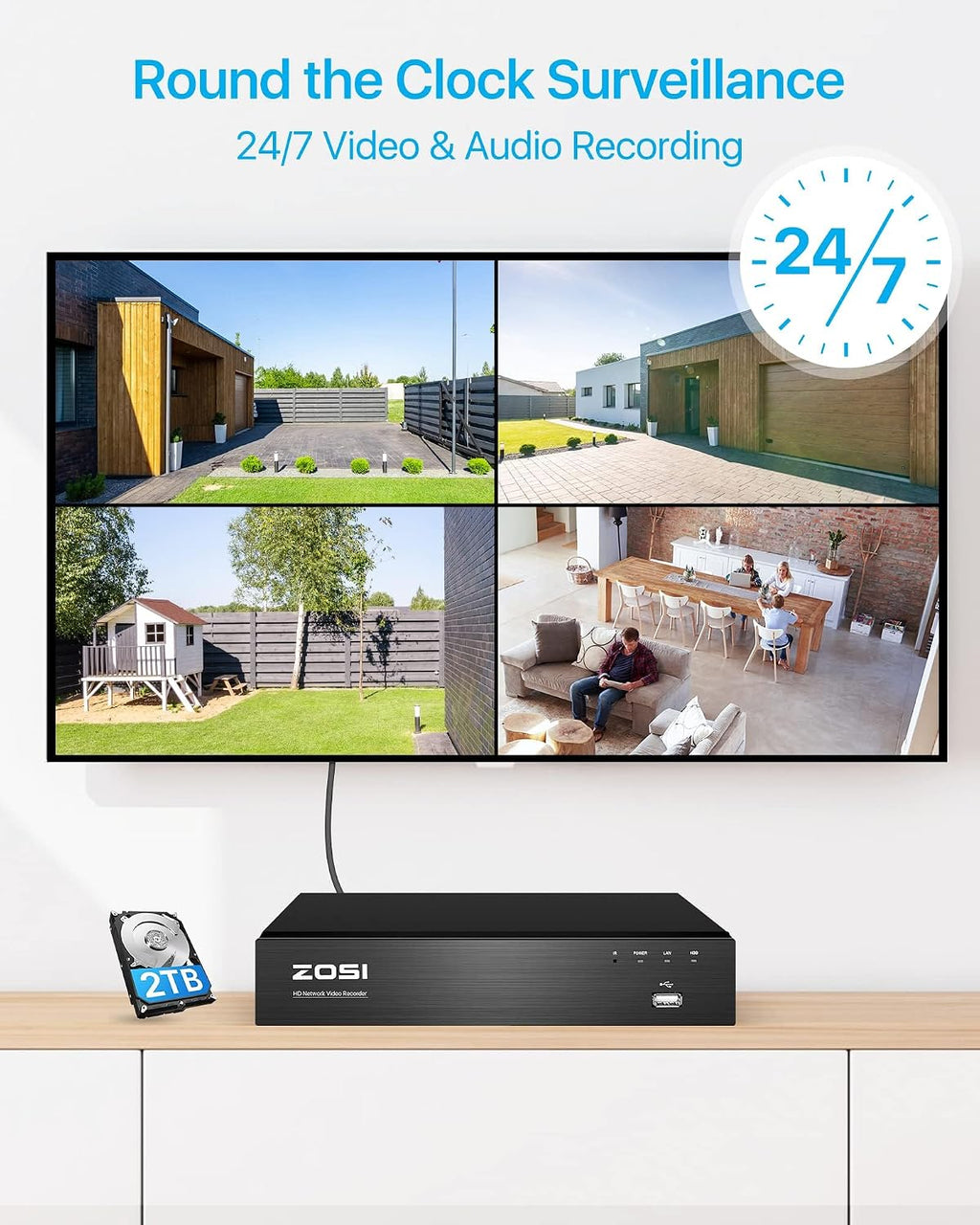 ZOSI 4K PoE CCTV Security Camera System, 4x8MP Person Vehicle Detection PoE IP Cameras Indoor Outdoor, 8 Ports 16CH 4K CCTV System NVR with 2TB HDD,Color Night Vision,Smart Light Siren, 2-Way Audio