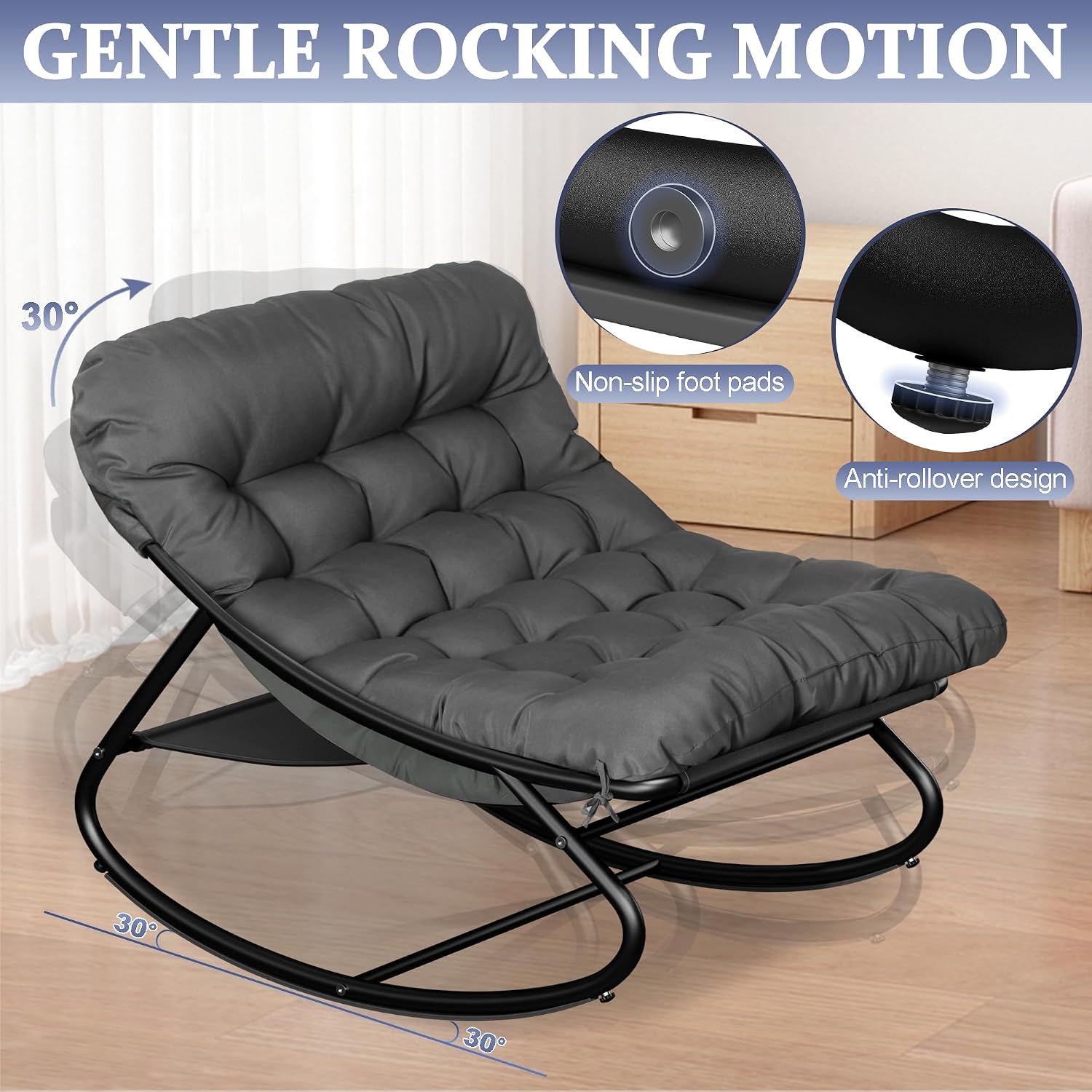 Oversized Patio Rocking Chair with Ottoman, Comfy Lounge Rocker Chair, Outdoor and Indoor Rocking Chairs with Deep Cushion, Metal Egg Chair for Living Room Porch Garden Balcony (Grey)