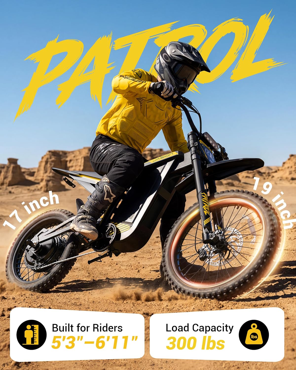 Jasion Patrol 52 Electric Dirt Bike for Adults&Teens,4000W Peak 40MPH Electric Bike with 52V 30AH 1560Wh Battery E Dirt Bike,50-Mile Range,19''/17''Off-Road Tires,Full Hydraulic Brakes&Dual Suspension
