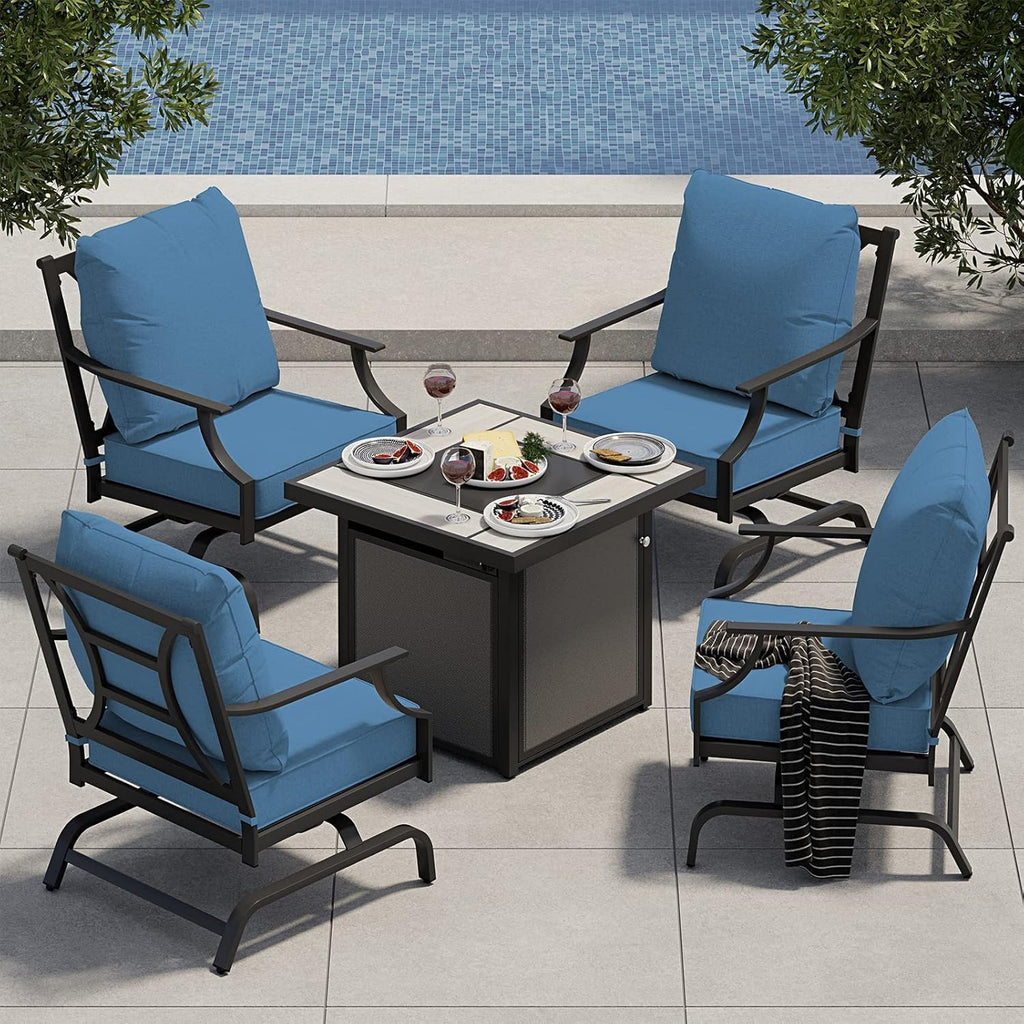 Grand patio 5-Piece Outdoor Furniture Set with 32'' Square Ceramic Tile Tabletop 50,000 BTU CSA Approved Fire Pit,4 Rocking Patio Chairs with Olefin Cushions and Pillows-Peacock Blue
