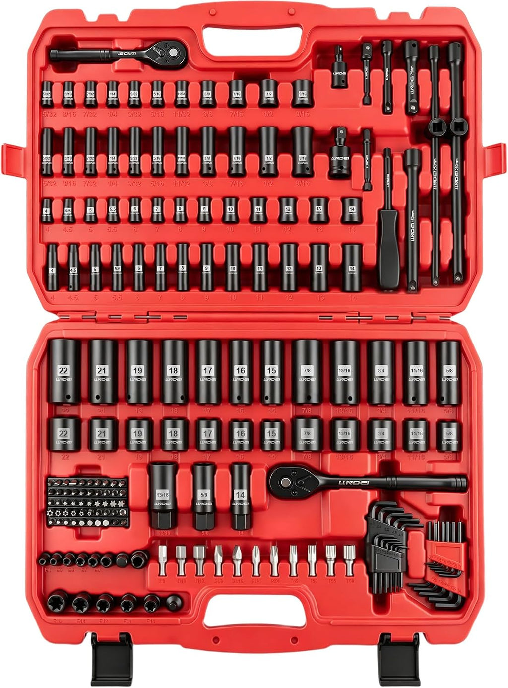 LLNDEI 1/4 & 3/8 Inch Drive Impact Socket Set, 186 Pieces Metric and Standard Full Sockets, CR-V Deep & Shallow Sockets Tool Set with Ratchet Wrench Handle, Spark Plug Socket, Bits for Mechanic