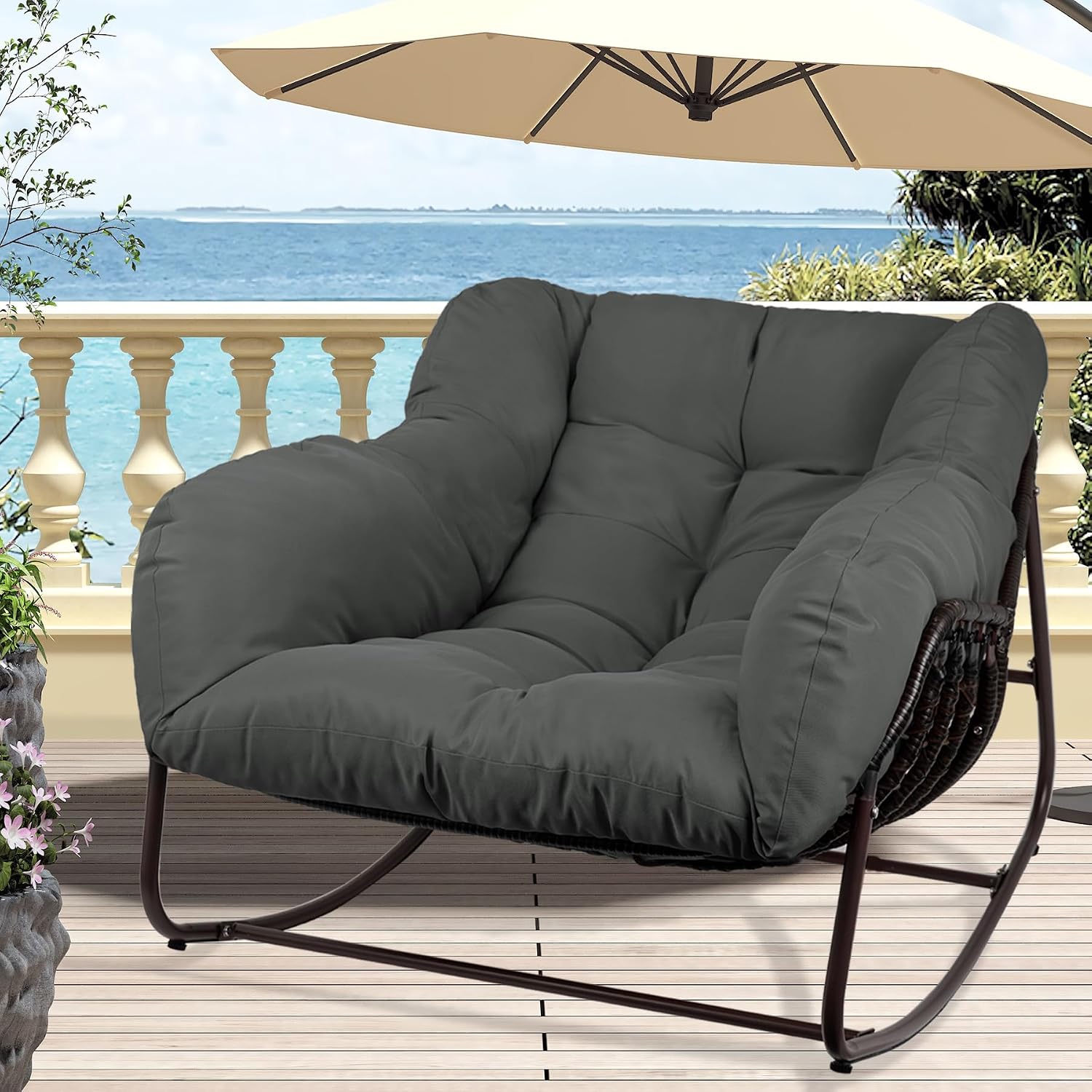 Outdoor Papasan Rocking Chair, Oversized Patio Rocking Chairs with Padded Cushion& Pillow-Comfortable Rocker Egg Chair for Front Porch, Garden, Patio, Backyard,2PC,Grey