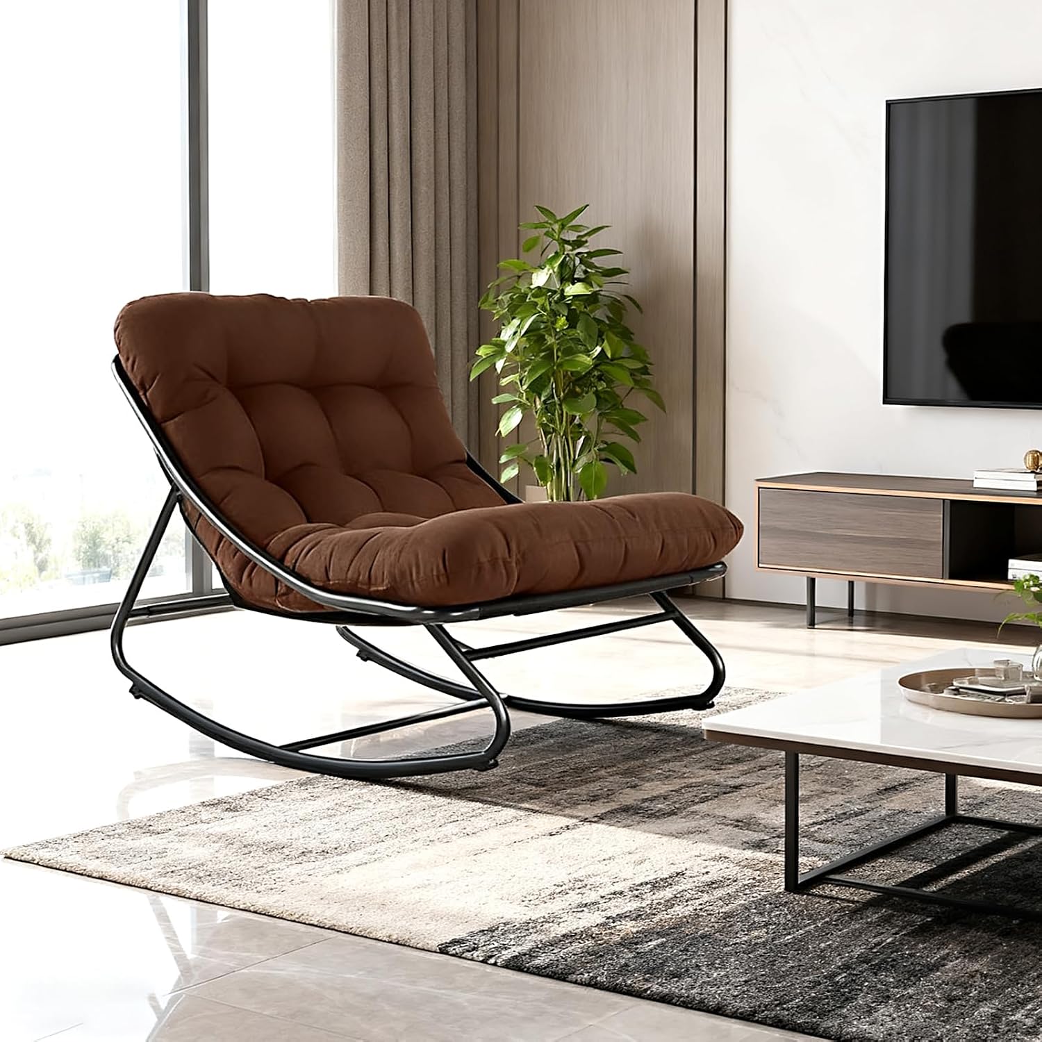 Oversized Papasan Rocker, Comfy Patio Rocking Chair, Outdoor Rocker Chair, Indoor Rocking Egg Chair with Cushion & Ottoman for Bedroom, Living Room, Front Porch (Brown)