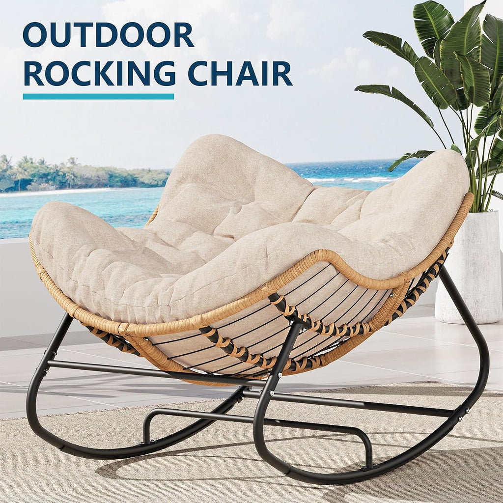 LEYCAY Outdoor Rocking Chair, Oversized Papasan Chair, Indoor Comfy Lounge Rocker with Cushion for Patio, Living Room, Porch, Balcony-Cream