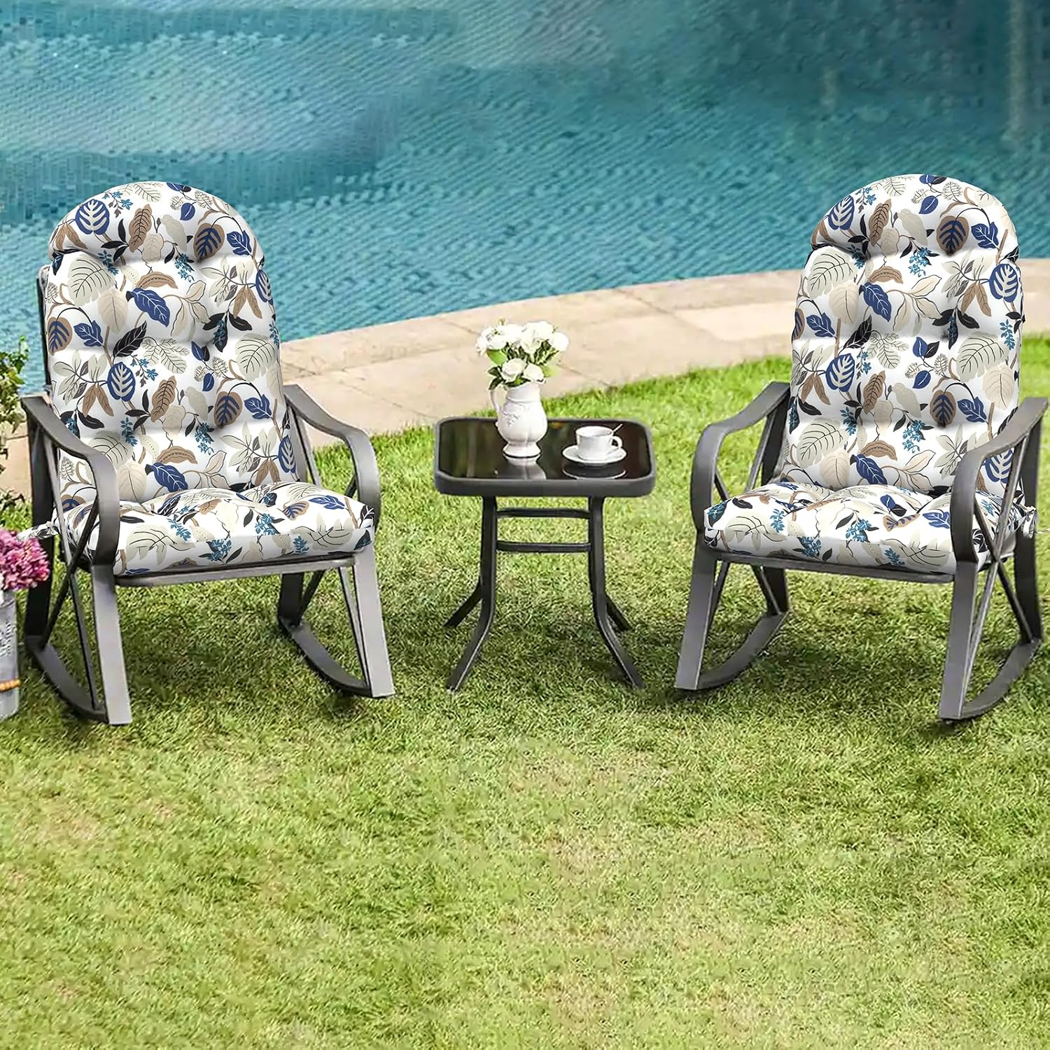 LVTXIII Outdoor Adirondack Chair Cushions, 44x19x4 Inch Non-Slip High Back Rocking Chair Cushion, Tufted Seat Cushion for Patio Furniture, Set of 2, Breeze Leaves Beige