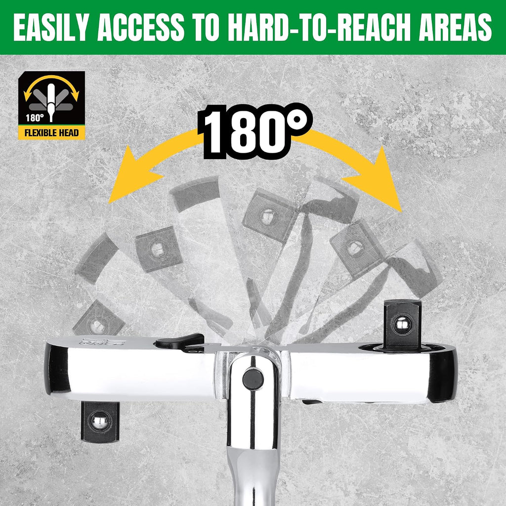 SK 4-Piece Flex-Head Ratchet Set, 1/4', 3/8', 1/2' Drive Ratchet, 90-Tooth, Premium CR-V Construction, Reversible Design, with Contoured Handle