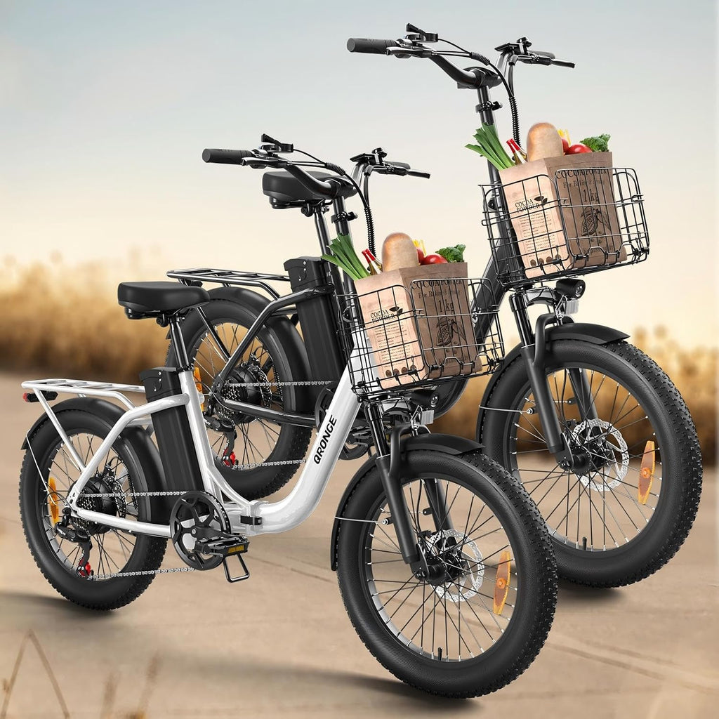 QRONGE Electric Bike, 1000W Peak Folding Electric Bike, 486Wh 70 Miles Range Ebike, Waterproof Removable Battery, 7 Speed, 25 MPH Max, 20' Step-Thru Bicycle with Front Basket