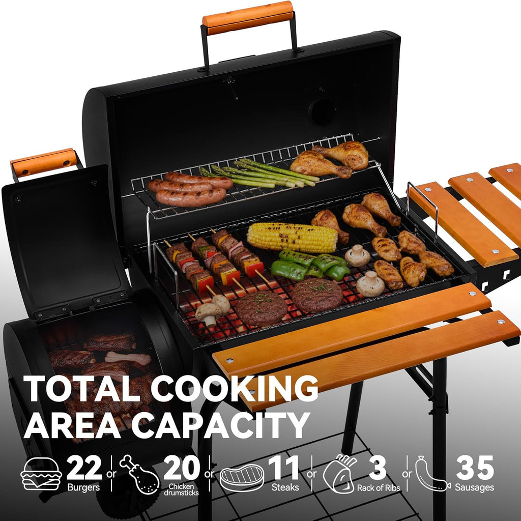 Royal Gourmet CC1624W Barrel Charcoal Grill with Offset Smoker, 552 Sq. In. Cooking Area, Wooden Front and Side Shelf with Hooks, Mesh Bottom Shelf, Charcoal Grill for Outdoor Grilling, Black