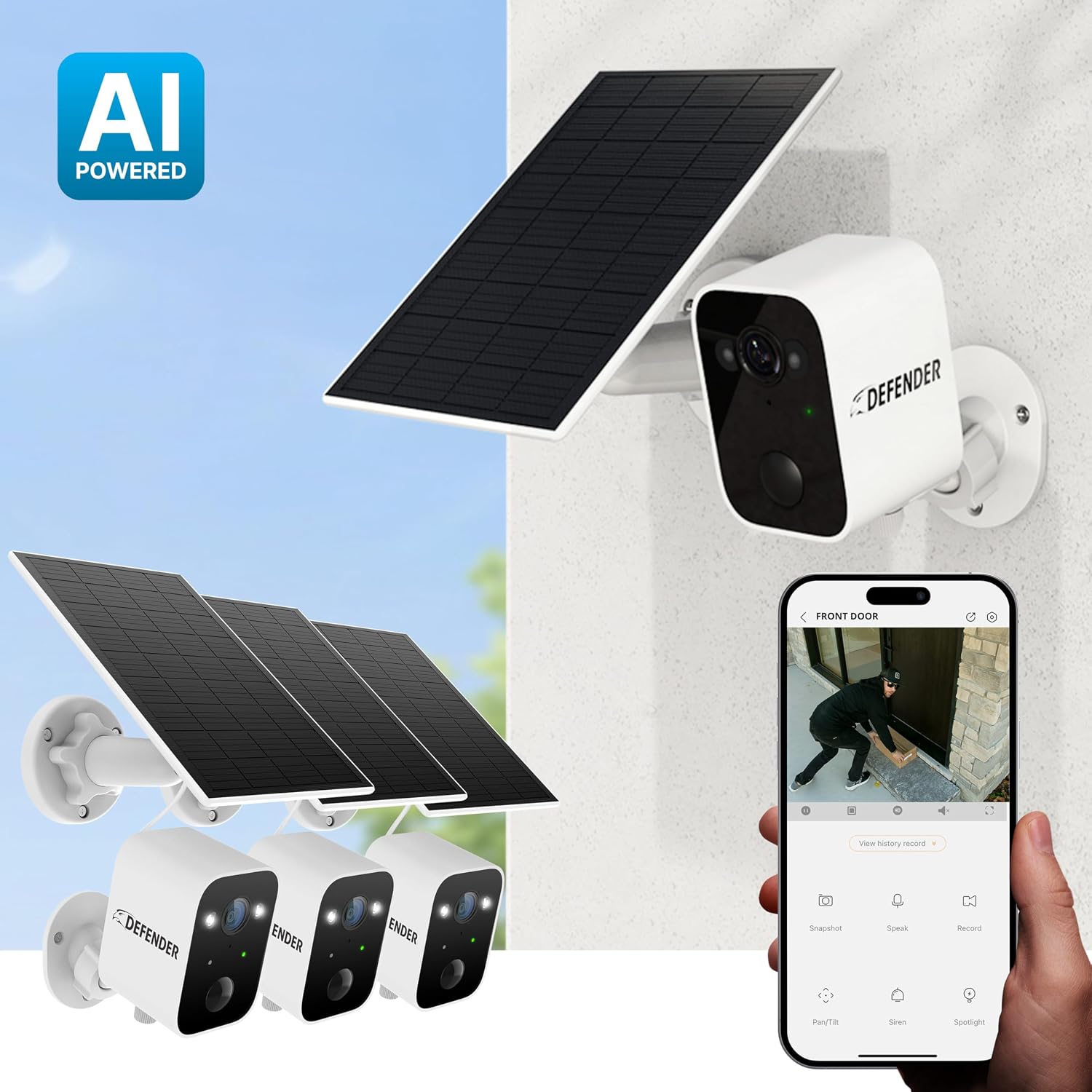 Defender Solar Powered 4K/8MP AI Everwatch Wireless Outdoor Security Camera, 3 Pack, Battery Powered, AI Tracking, Color Night Vision, Spotlight/Siren, IP66 Rated, Two-Way Talk, No Monthly Fees