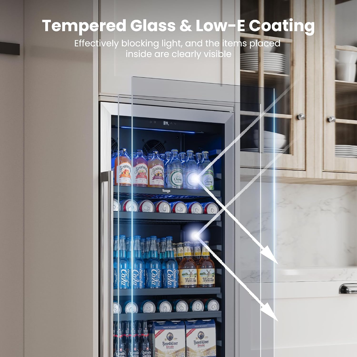 Yeego 24 Inch Beverage Refrigerator, 238 Can Built-In Beverage Cooler with Glass Door & Door Lock, Freestanding Drink Fridge with Digital Temperature Control for Soda, Beer & Wine, Kitchen or Home Bar