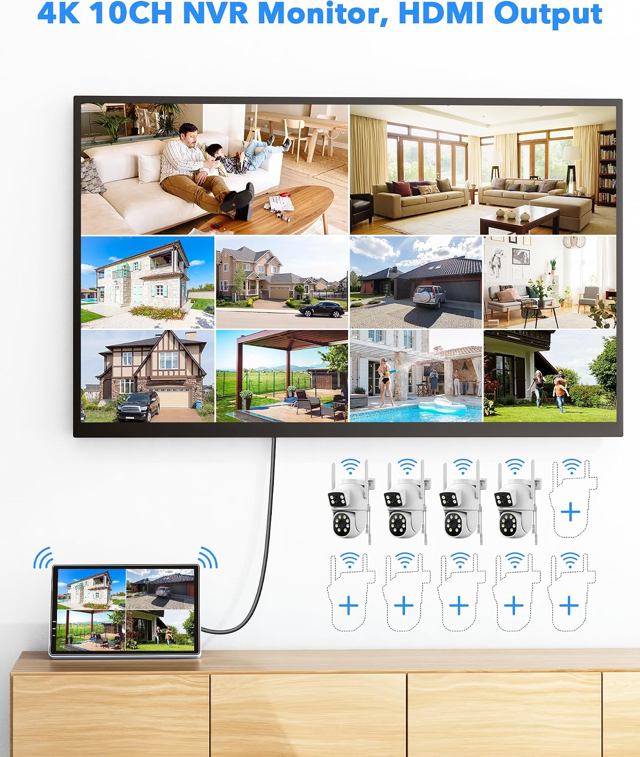CAMCAMP Wireless Security Camera System with 10.1' Monitor, Dual Lens PTZ CCTV Camera Security System, 10CH Expandable 4K NVR,Auto Tracking, No Subscription for Outdoor Indoor, 5G & 2.4G WiFi