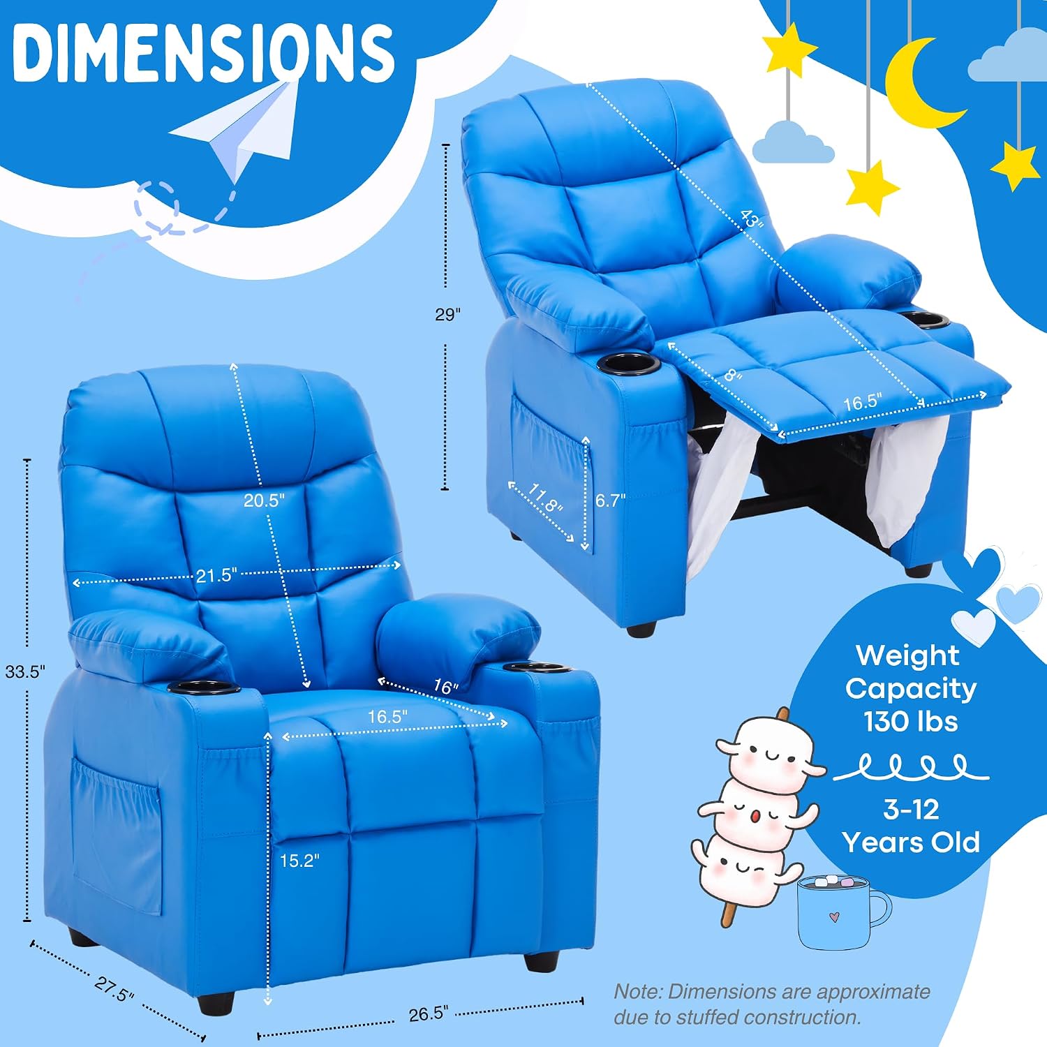 Donut Larger Kids Reclining Chair PU Leather Recliner Sofa Push Back Lounge Children Toddler Boys Girls Ages 3-12 with Dual Cup Holders and 4 Pockets