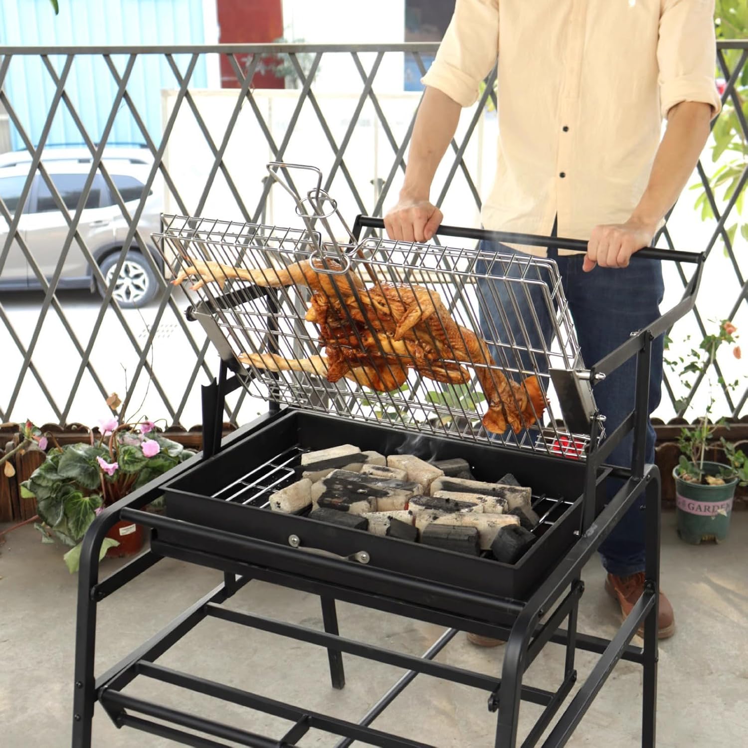 Black Barbecue Grills, Stainless Steel Flipping Barbecue Grill for Camping BBQ Picnics Beach Party Cooking Outdoor Garden, Camping Grill,108x83cm
